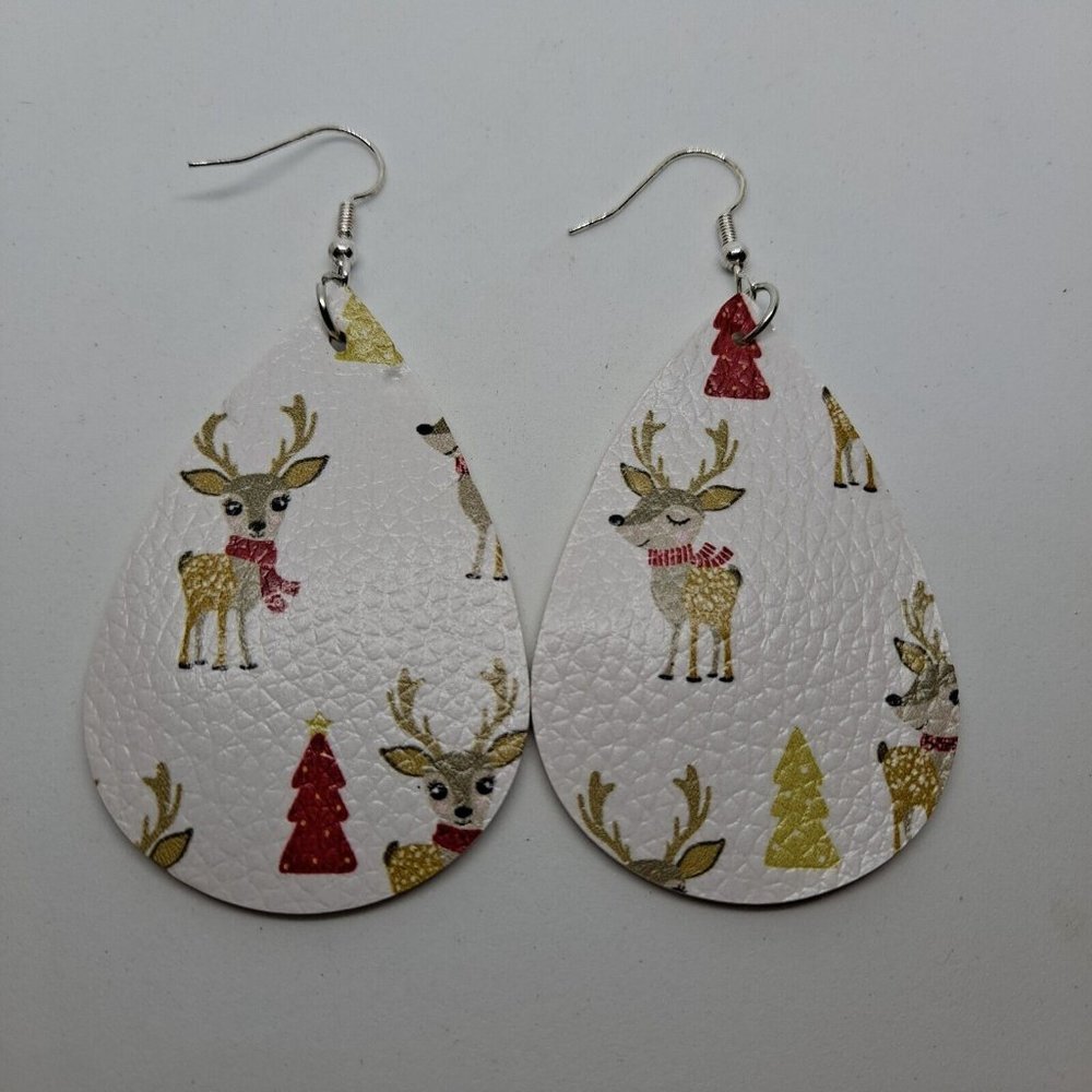 Reindeer Christmas Earrings Teardrop Hook Faux Leather White Tan Red OPTION 1 - Picture 1 of 4